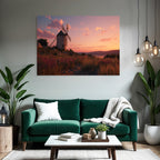 Windmühle Im Sonnenuntergang Feld Mit Blumen