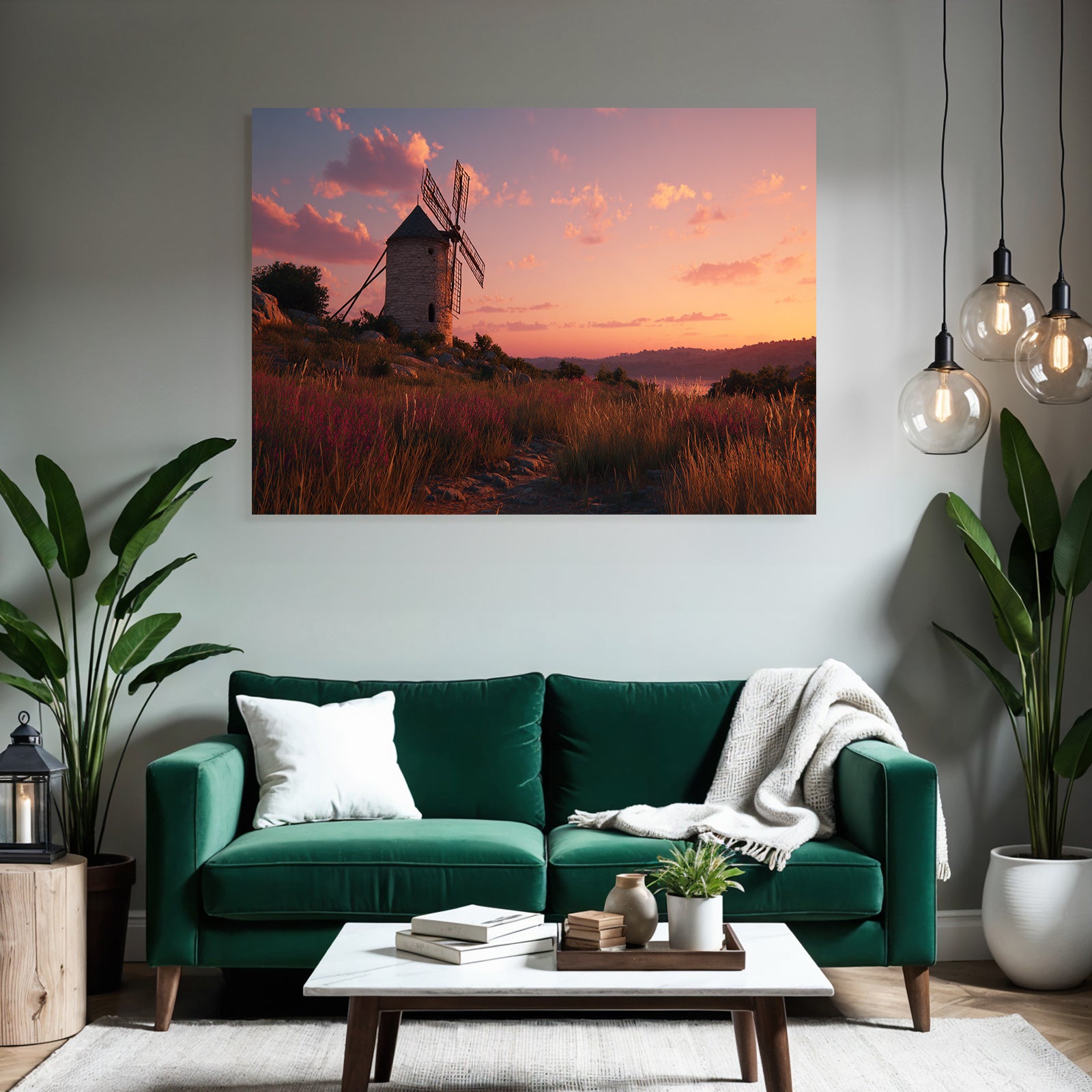 Windmühle Im Sonnenuntergang Feld Mit Blumen
