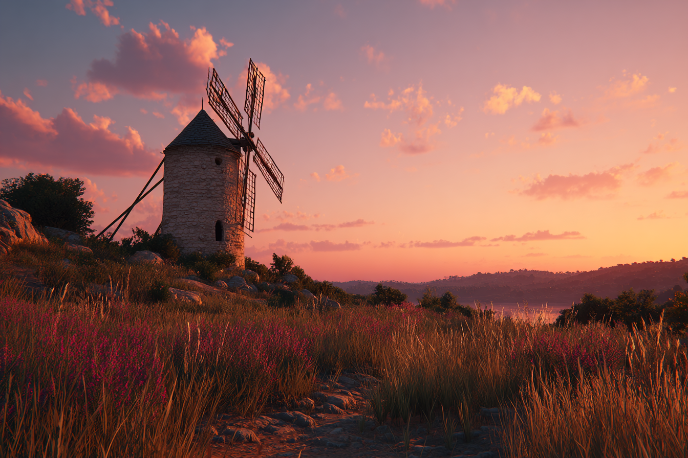 Windmühle Im Sonnenuntergang Feld Mit Blumen | Windmuehlen Leuchttuerme Bruecken | Architektur