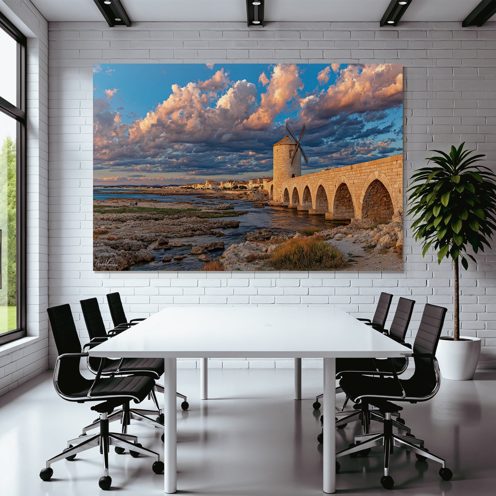 Windmühle Kustenlandschaft Steinbrücke Dorf Sonnenuntergang