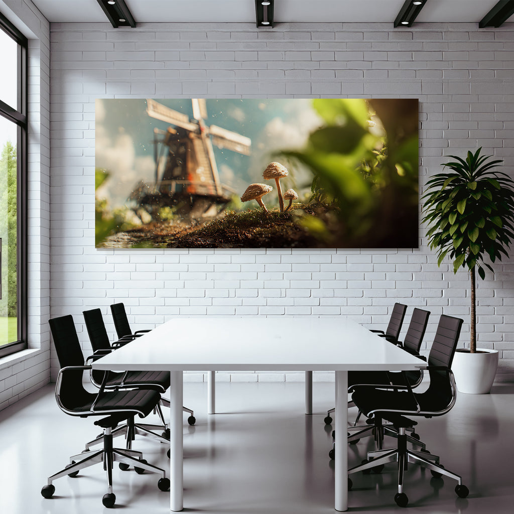 Windmühle Mit Pilzen Und Grünem Hintergrund