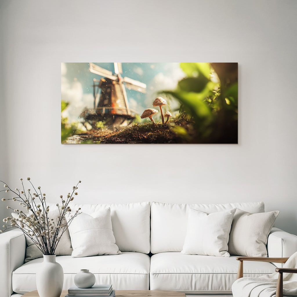 Windmühle Mit Pilzen Und Grünem Hintergrund