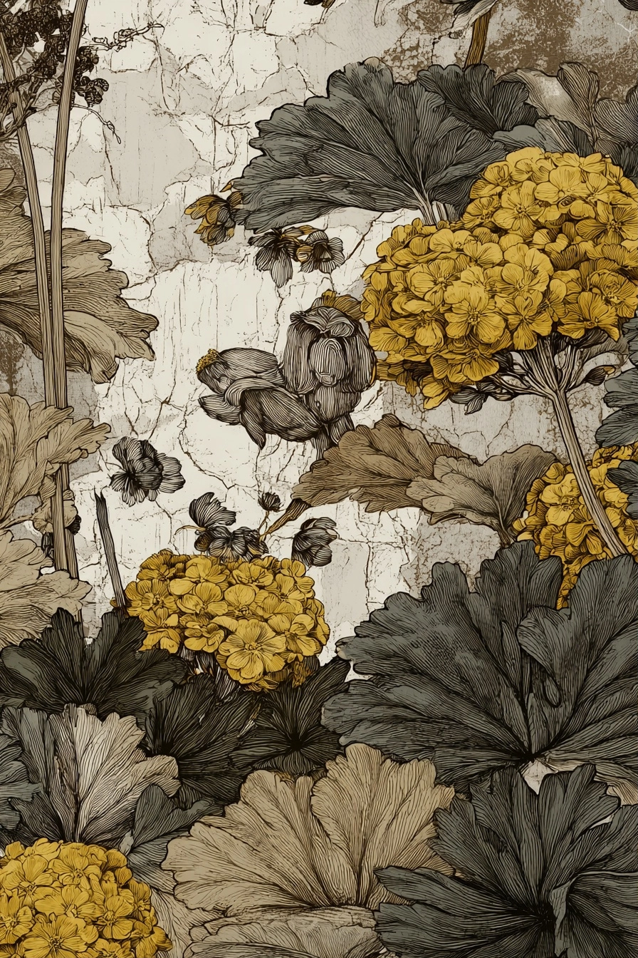 Botanische Illustration Mit Gelben Und Grünen Graün Blättern Auf Gealtertem Hintergrund | Botanische Illustrationen | Blumen