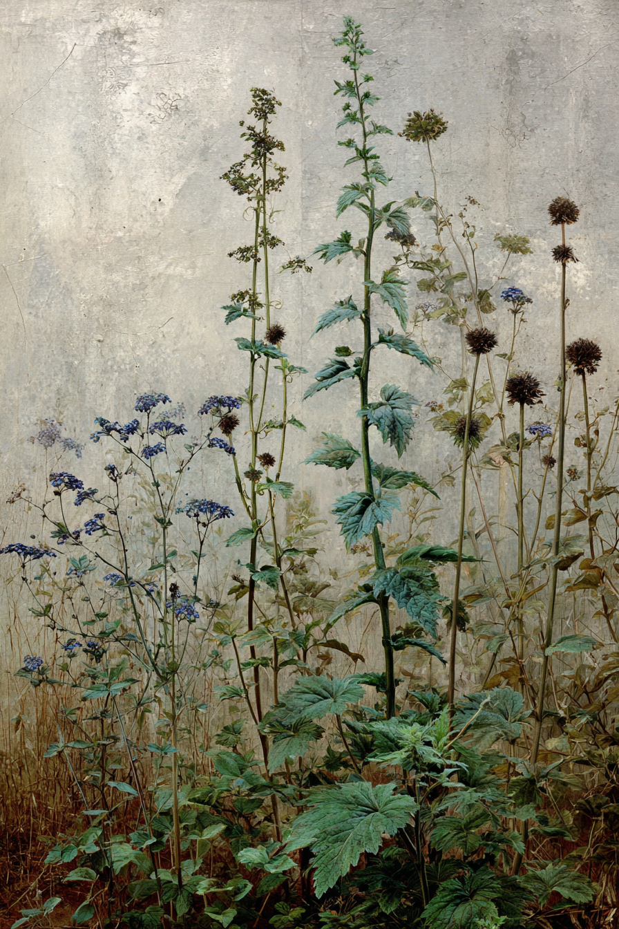 Botanische Studie Mit Und Pflanzen Vor Texturiertem Hintergrund | Botanische Illustrationen | Blumen
