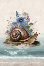 Grosse Schnecke Am Strand Umgeben Von Bunten Und Wellen Im Hintergrund | Botanische Illustrationen | Blumen