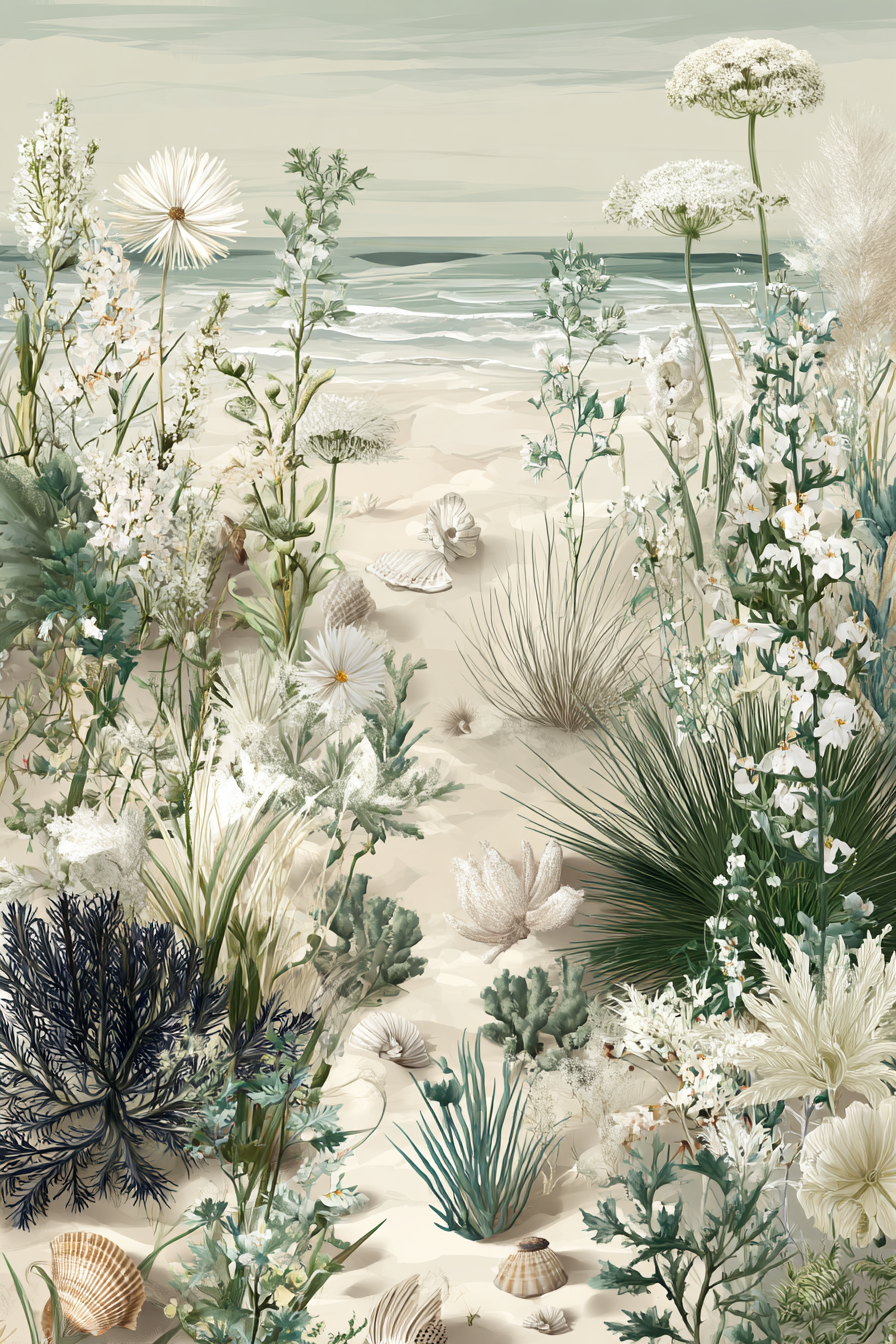 Idyllische Küste Mit Und Muscheln Am Strand | Botanische Illustrationen | Blumen
