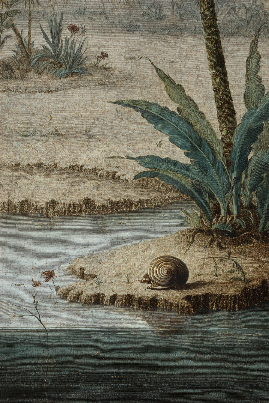 Idyllische Naturlandschaft Mit Wasser Pflanzen Und Schnecke | Botanische Illustrationen | Blumen