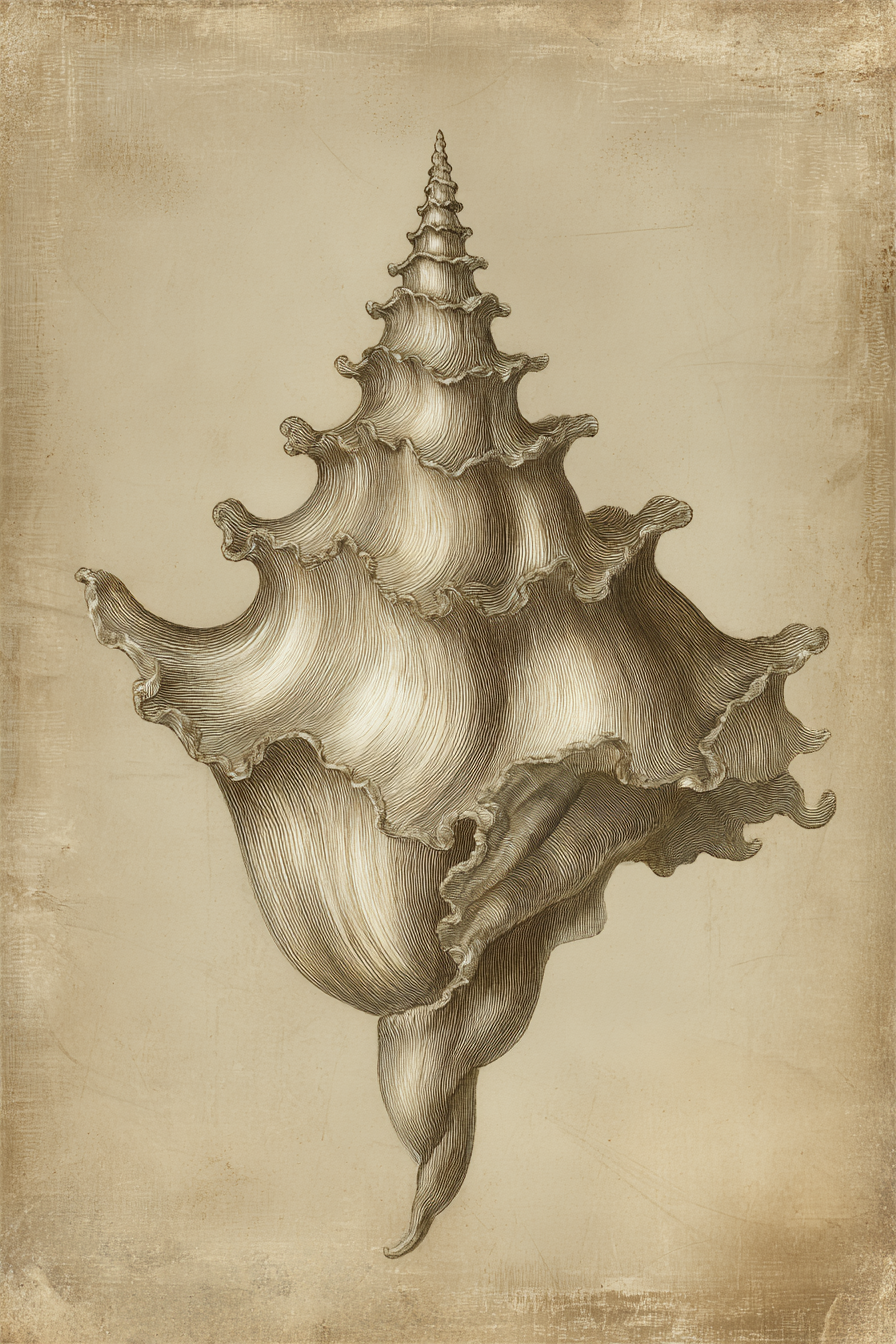 Muschelillustration Mit Spiralförmiger Form Und Feiner Textur Auf Vintage Hintergrund | Botanische Illustrationen | Blumen