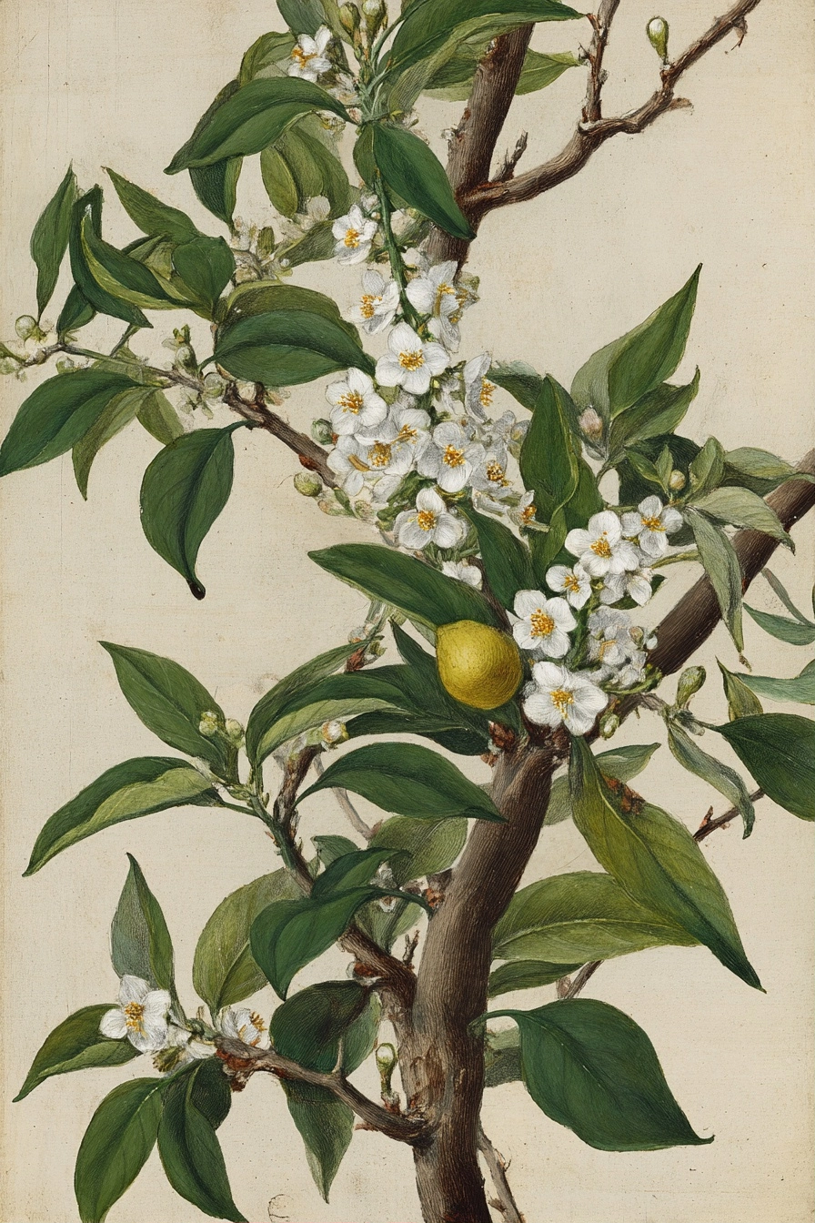 Zweig Eines Zitrusbaums Mit Weissen Blüten Und Grünen Blättern Und Zitrusfrucht | Botanische Illustrationen | Blumen