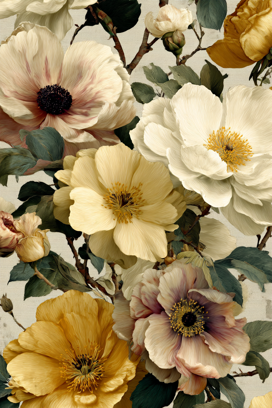Komposition Creme Gelb Rosa Grune Blatter | Botanische Illustrationen | Blumen