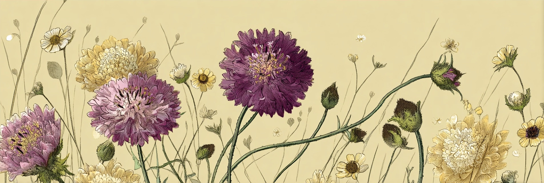 Botanische Illustration Detailreiche Blüten Verschiedene Farben Beige Hintergrund | Botanische Illustrationen | Blumen