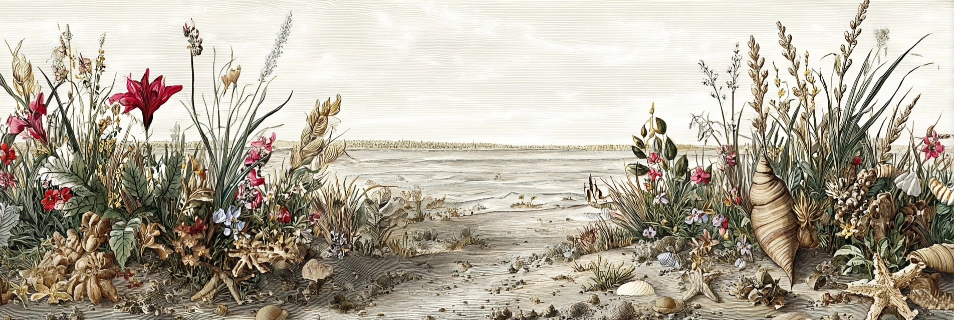 Küste Mit Muscheln Und Strand | Botanische Illustrationen | Blumen