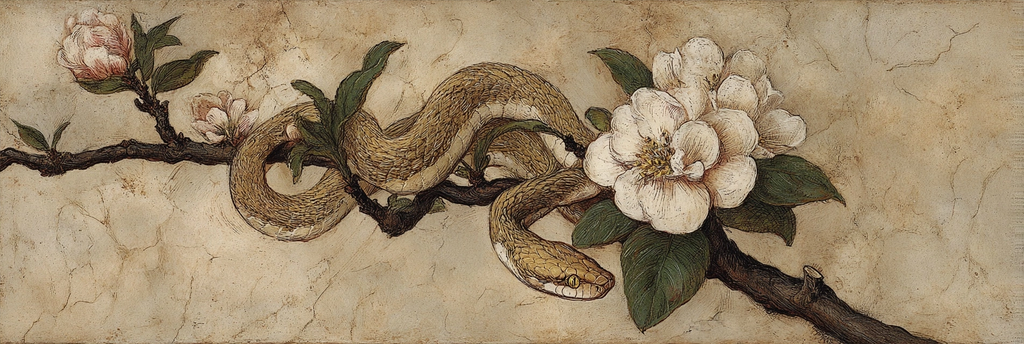 Schlange Am Zweig Mit Blüten | Botanische Illustrationen | Blumen