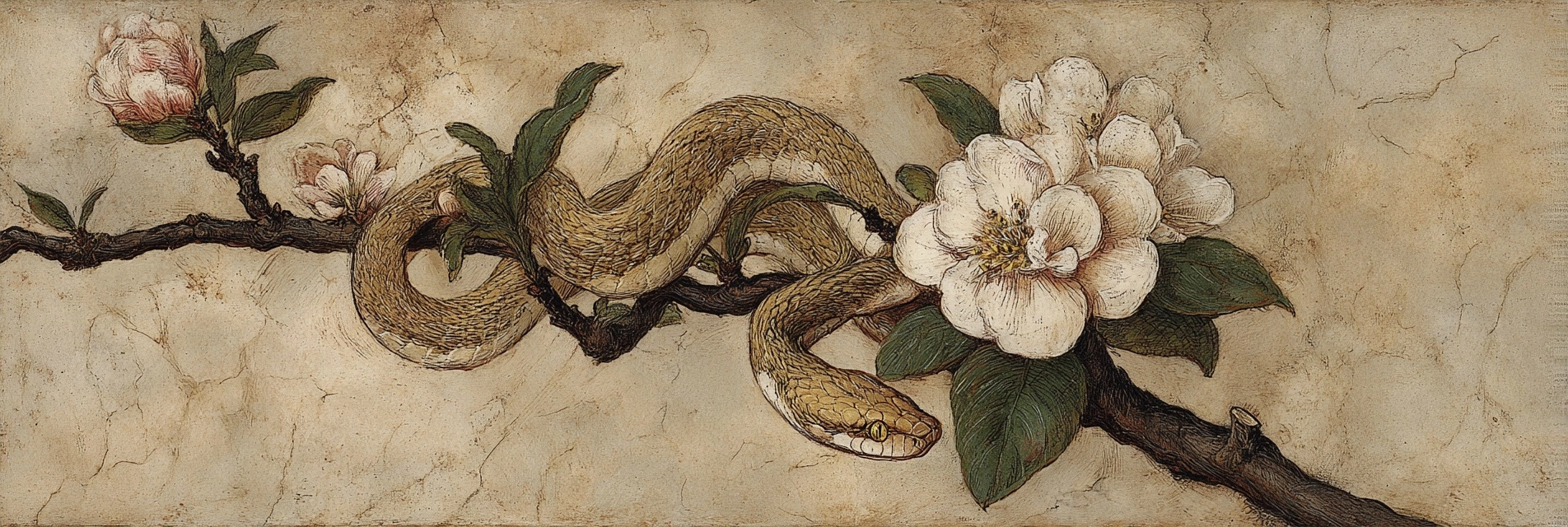 Schlange Am Zweig Mit Blüten | Botanische Illustrationen | Blumen