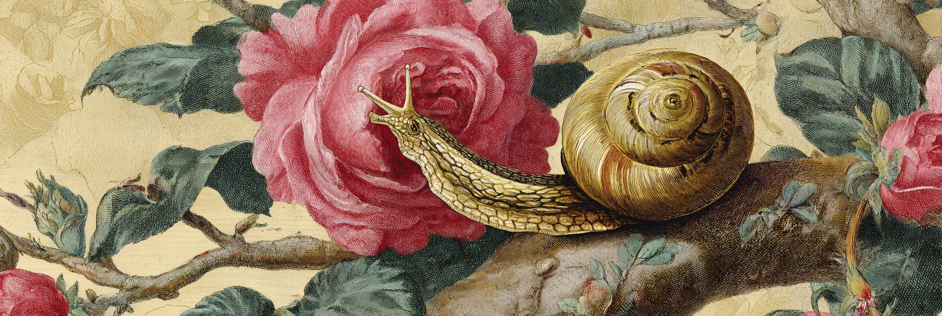 Schnecke Und Rosen Mit Grünen Pflanzen | Botanische Illustrationen | Blumen