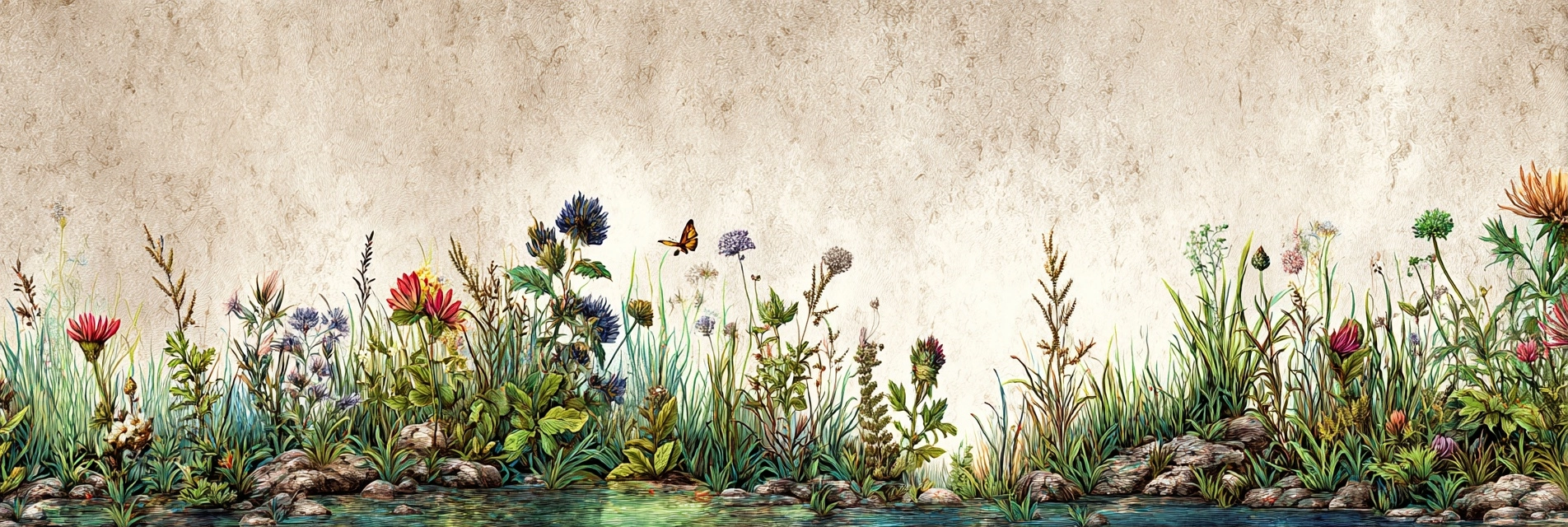 Wilde Und Gräser Am Wasser Mit Schmetterling | Botanische Illustrationen | Blumen