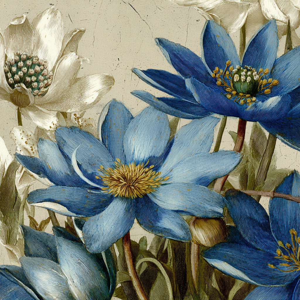 Blaü Weisse Seerosen Illustration Mit Detailreichen Petalen Und Texturiertem Hintergrund | Botanische Illustrationen | Blumen