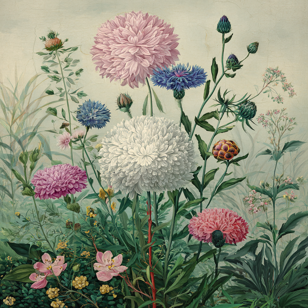Bunte Blütenpracht Mit Rosafarbenen Weissen Blaün Und Lila | Botanische Illustrationen | Blumen