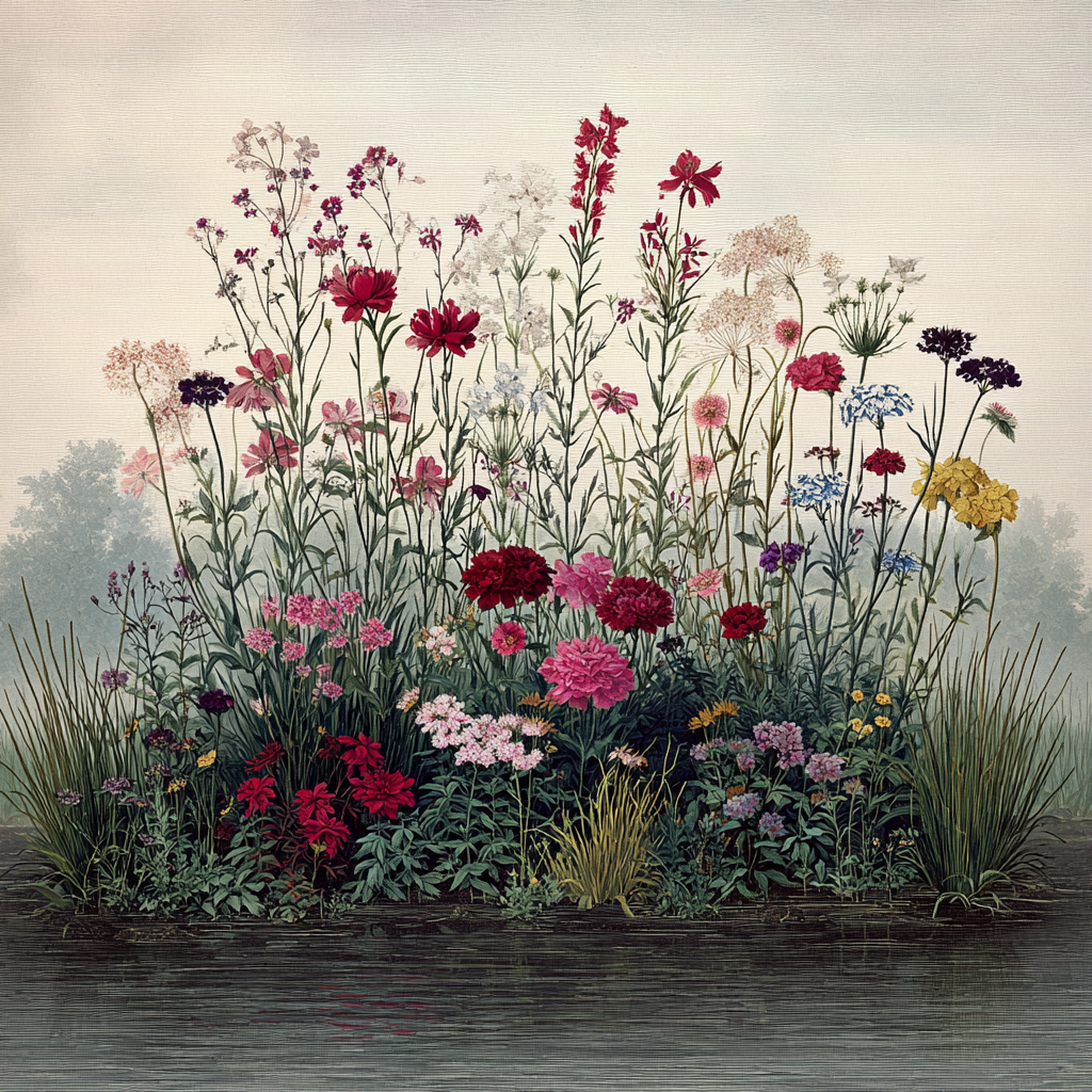 Buntes Arrangement Mit Wasserreflexion | Botanische Illustrationen | Blumen