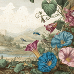Rosa Und Blaü Prunkwinden Mit Vögeln In Botanischer Landschaft | Botanische Illustrationen | Blumen