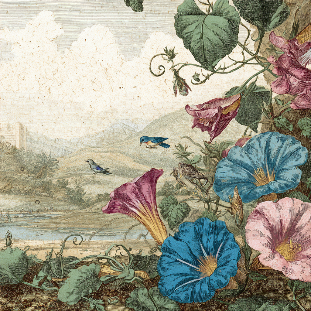 Rosa Und Blaü Prunkwinden Mit Vögeln In Botanischer Landschaft | Botanische Illustrationen | Blumen