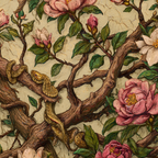 Verflochtene Zweige Mit Rosa Magnolien Und Schlange | Botanische Illustrationen | Blumen