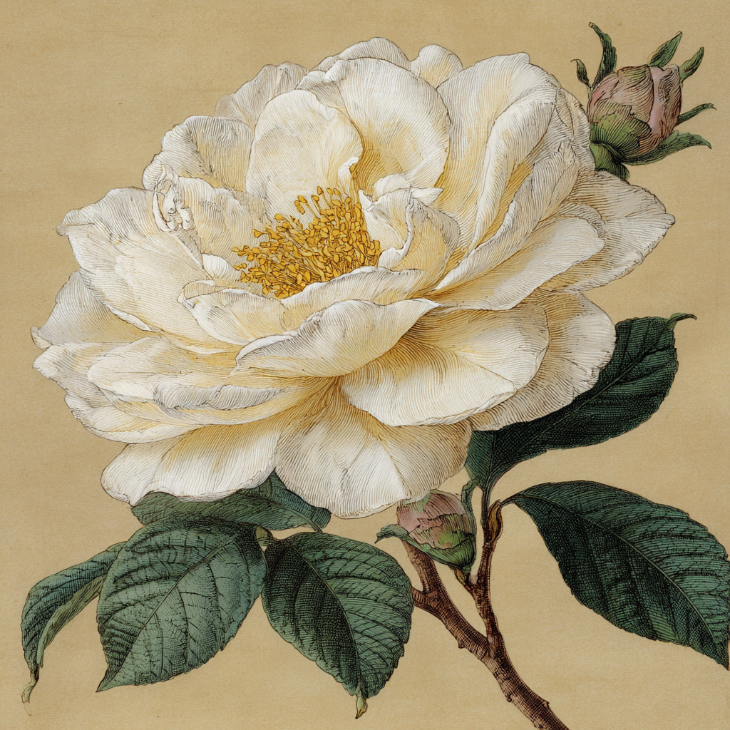 Weisse Botanische Blüte Mit Grünen Blättern Und Knospe | Botanische Illustrationen | Blumen