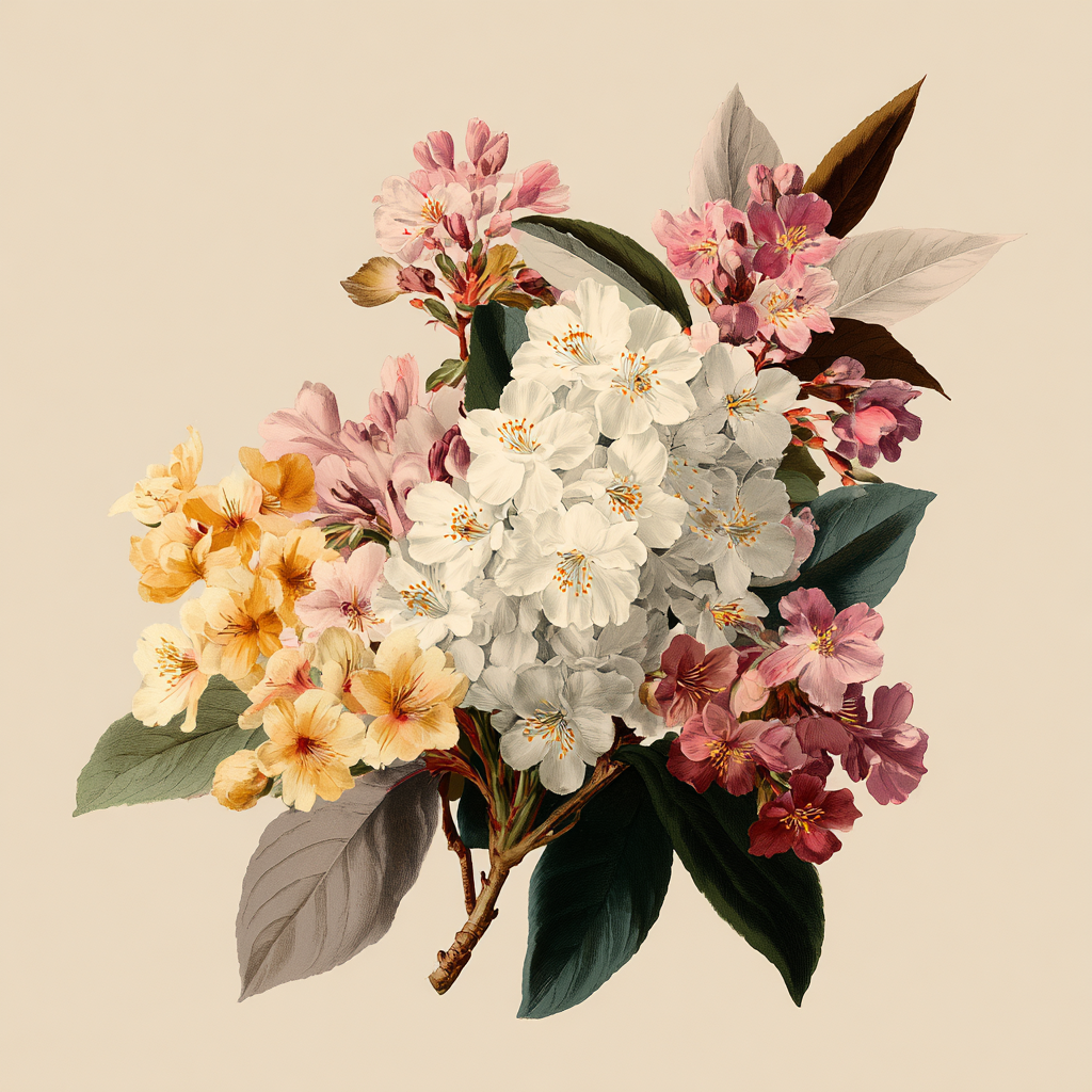 Strauss Mit Bunten Blüten Und Grünen Blättern | Botanische Illustrationen | Blumen