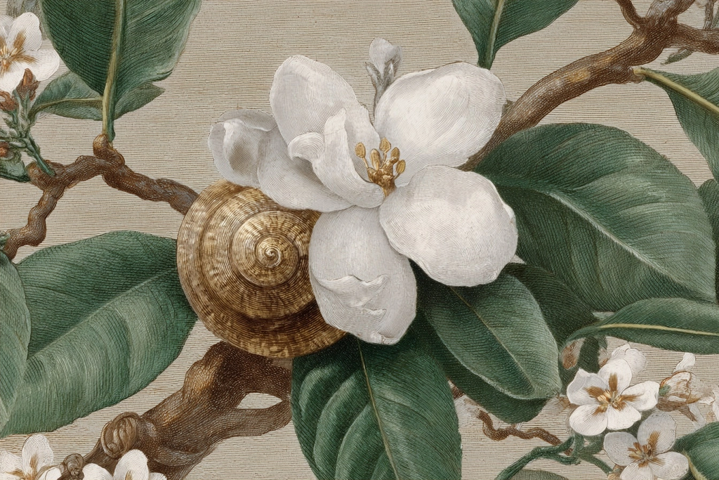 Blühende Pflanze Mit Weissen Blüten Grünen Blättern Und Schneckenhaus | Botanische Illustrationen | Blumen