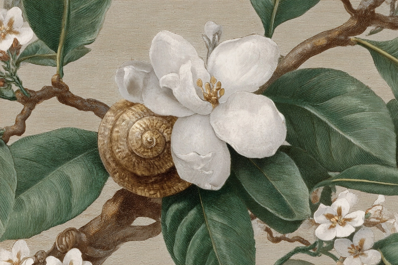 Blühende Pflanze Mit Weissen Blüten Grünen Blättern Und Schneckenhaus | Botanische Illustrationen | Blumen