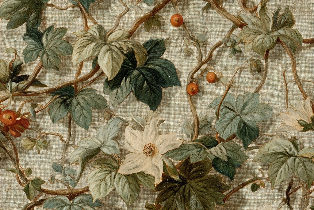 Detaillierte Pflanzenmalerei Mit Laub Blättern Ranken Und Früchten Auf Texturiertem Hintergrund | Botanische Illustrationen | Blumen