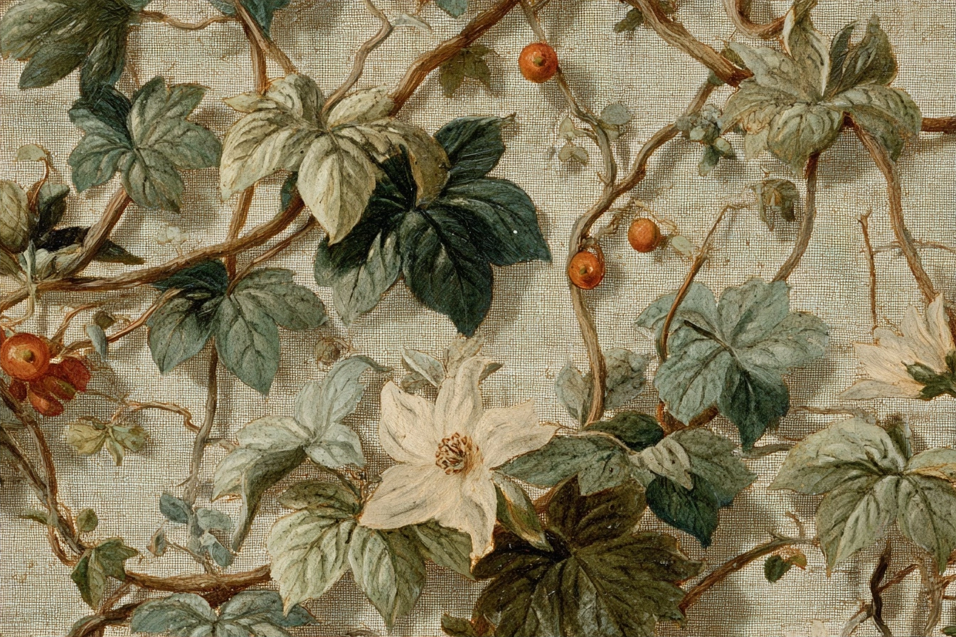 Detaillierte Pflanzenmalerei Mit Laub Blättern Ranken Und Früchten Auf Texturiertem Hintergrund | Botanische Illustrationen | Blumen