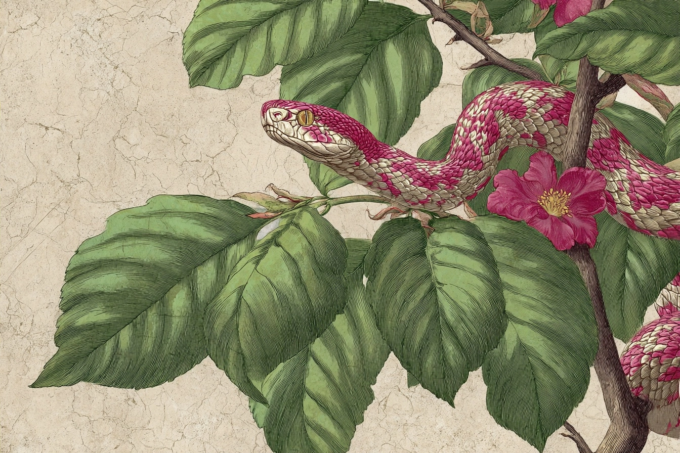 Schlange Auf Zweig Mit Grünen Blattern Und Rosa Blume | Botanische Illustrationen | Blumen