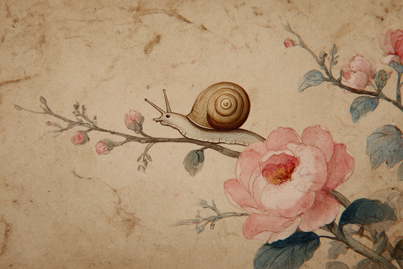 Schnecke Auf Ast Mit Rosa | Botanische Illustrationen | Blumen