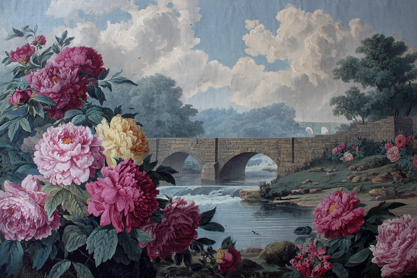 Steinbrücke Malerische Landschaft Mit Pfingstrosen | Botanische Illustrationen | Blumen