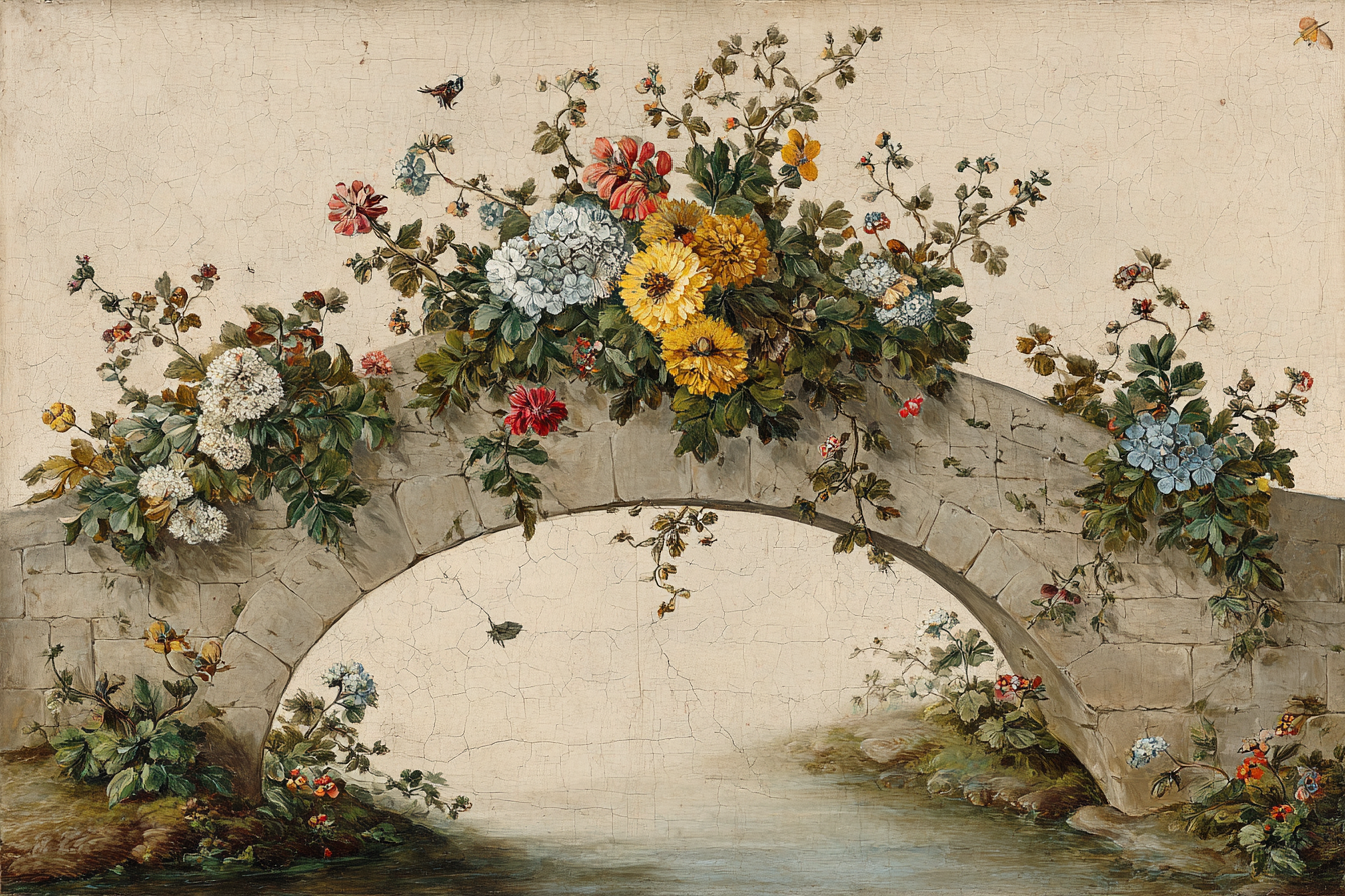 Steinbrücke Mit Farbigen Bienen Und Spiegelndem Wasser | Botanische Illustrationen | Blumen