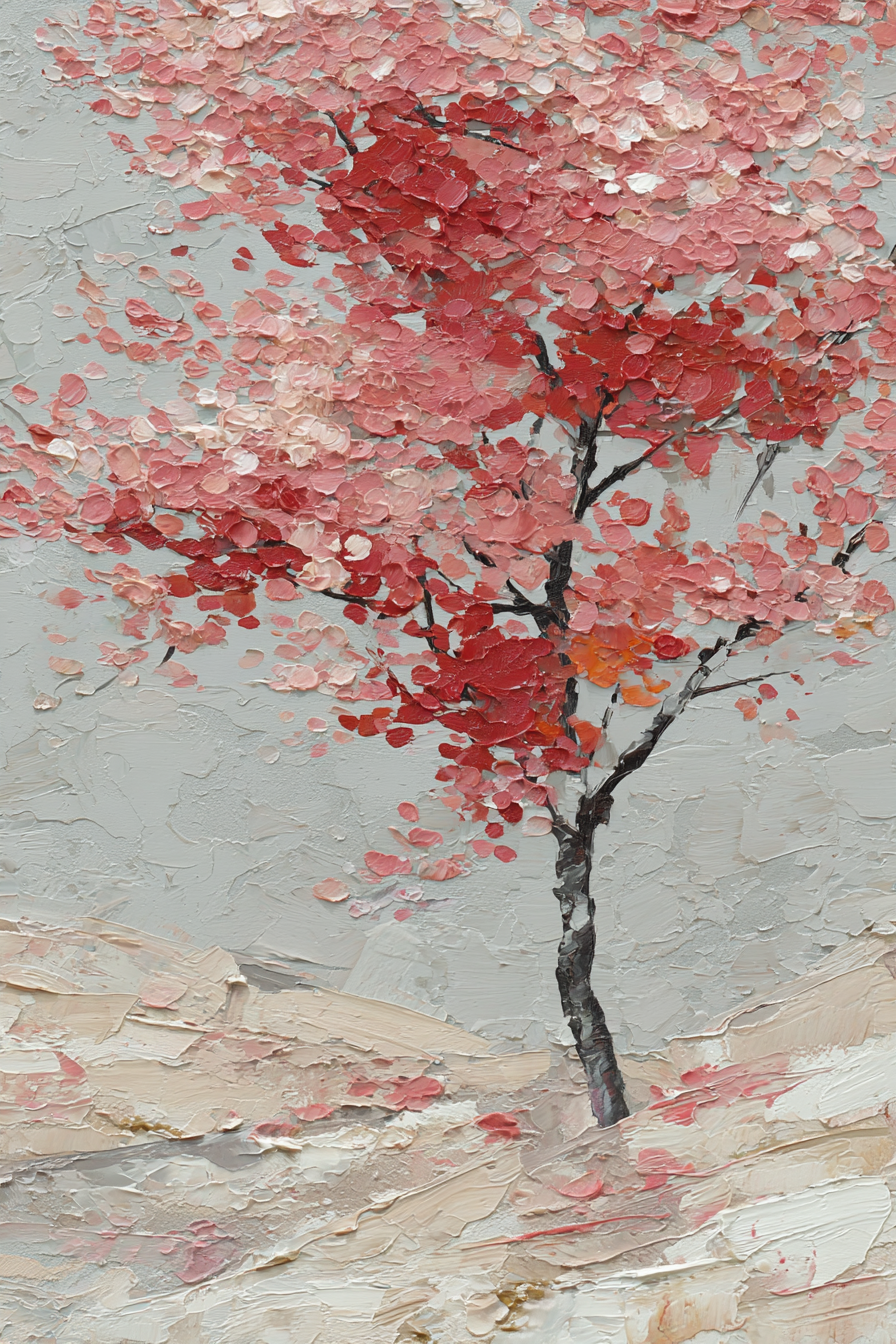 Impasto Baum Mit Pinken Und Roten Blättern Vor Graüm Hintergrund | Japanische Zierkirsche | Blumen