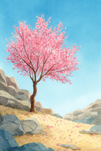 Kirschblütenbaum Landschaft Mit Felsen Und Sand Im Aquarellstil | Japanische Zierkirsche | Blumen
