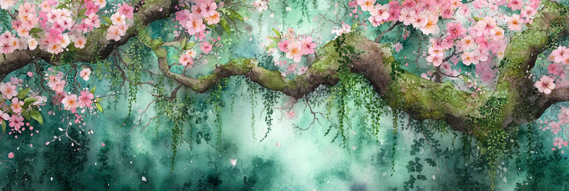 Aquarell Zweig Mit Rosa Kirschblüten Vor Grünblaüm Hintergrund | Japanische Zierkirsche | Blumen