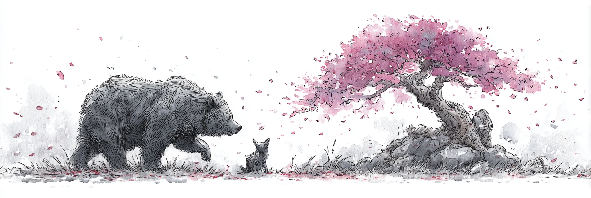 Bär Und Fuchs Unter Dem Rosablühenden Baum | Japanische Zierkirsche | Blumen