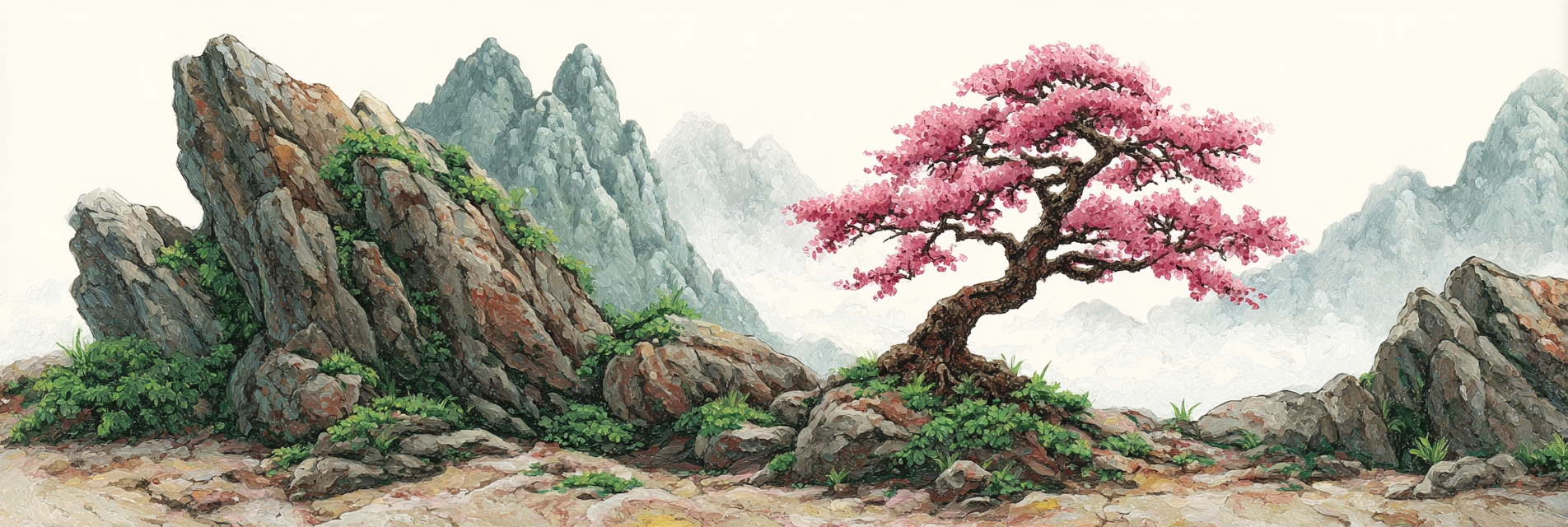 Blühender Baum In Felsenlandschaft Vor Bergen | Japanische Zierkirsche | Blumen