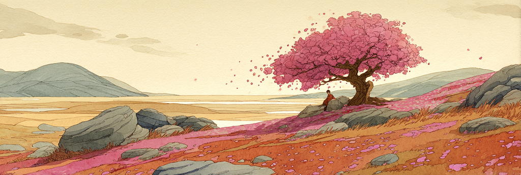 Friedliche Landschaft Mit Kirschbaum Und Person Auf Felsen | Japanische Zierkirsche | Blumen