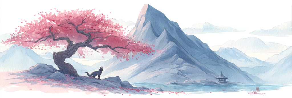 Kirschblütenbaum Mit Wolfsilhoütte Am See Und Pagode | Japanische Zierkirsche | Blumen