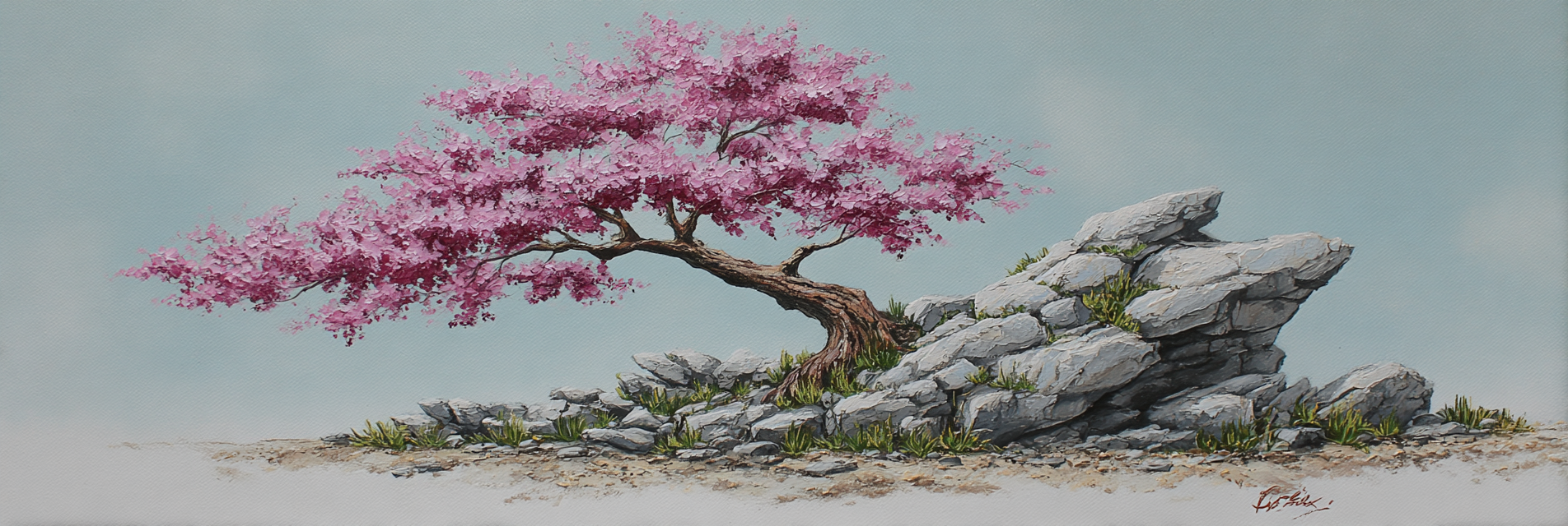 Rosa Bluhender Baum Auf Graün Felsbrocken Vor Blaüm Himmel | Japanische Zierkirsche | Blumen