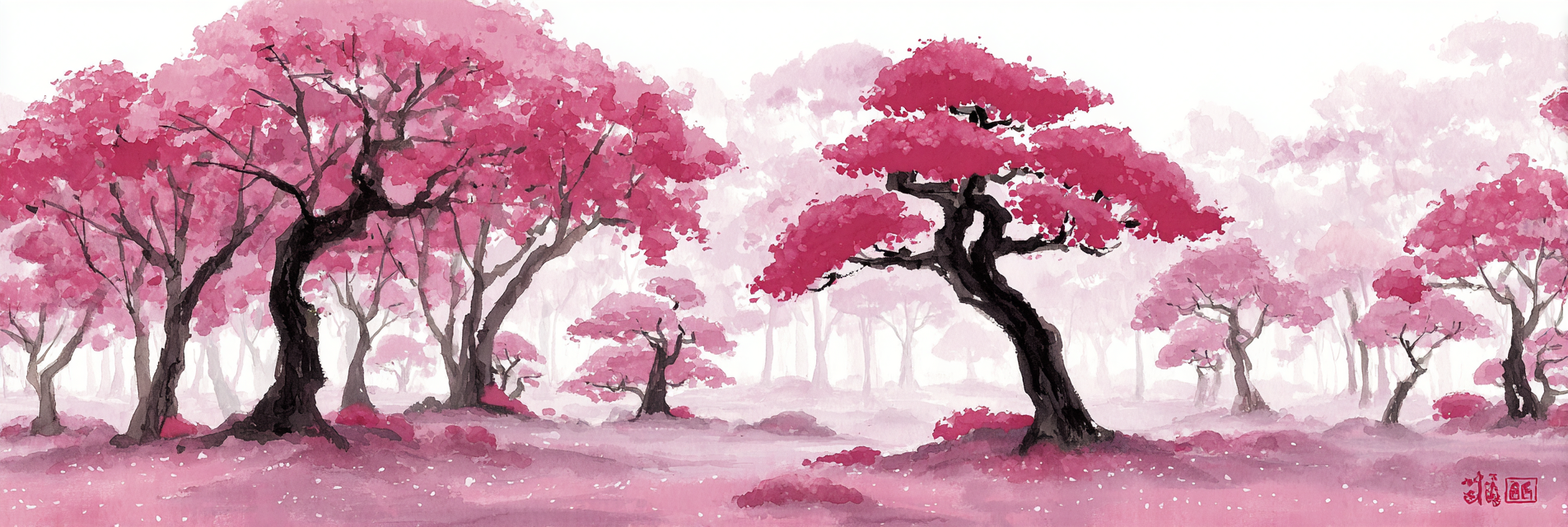 Traumhafte Waldlandschaft Mit Rosa Bäumen Und Wasserfarbeffekt | Japanische Zierkirsche | Blumen