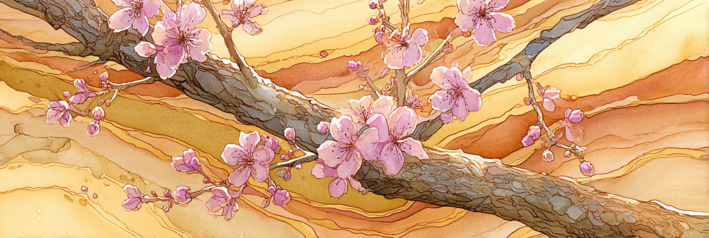 Zarte Aquarellillustration Eines Zweigs Mit Rosanen Kirschbluten | Japanische Zierkirsche | Blumen