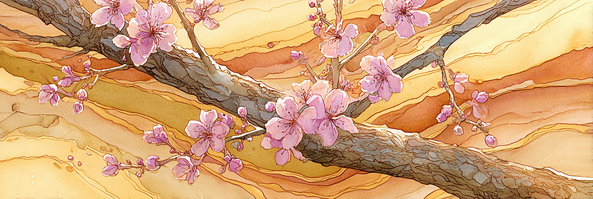 Zarte Aquarellillustration Eines Zweigs Mit Rosanen Kirschbluten | Japanische Zierkirsche | Blumen
