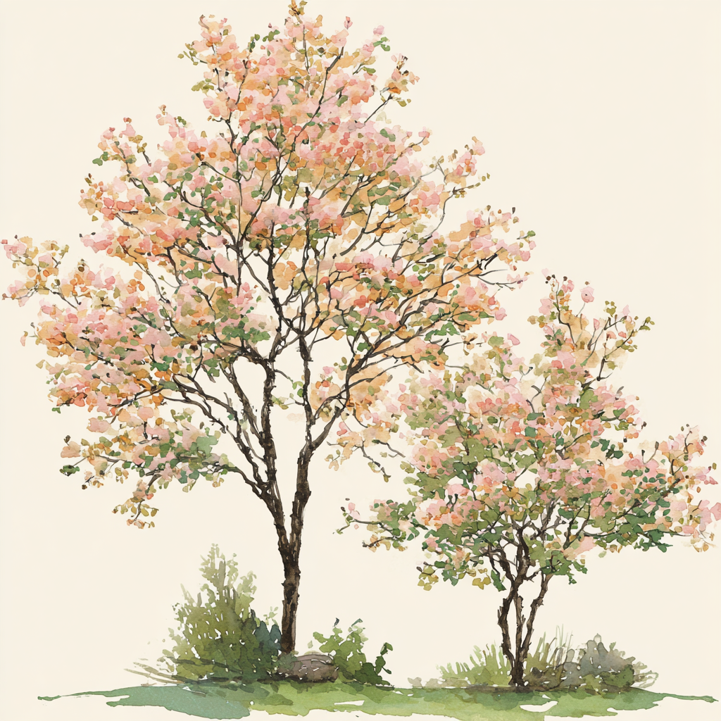 Aquarell Zwei Bäume Mit Rosafarbenen Und Orangenen Blüten | Japanische Zierkirsche | Blumen