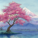 Aquarelllandschaft Mit Kirschblütenbaum Am See Vor Schneebedeckten Bergen | Japanische Zierkirsche | Blumen