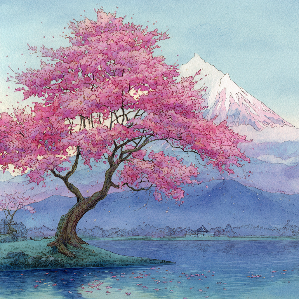 Aquarelllandschaft Mit Kirschblütenbaum Am See Vor Schneebedeckten Bergen | Japanische Zierkirsche | Blumen